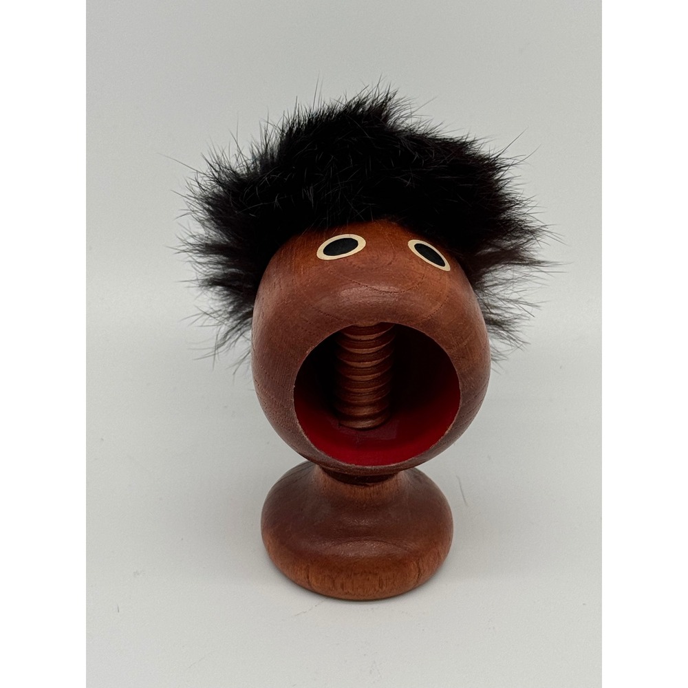 Vintage 60s MCM Japan Wooden Troll Screw Nutcracker The Scream Teak Fur Hair